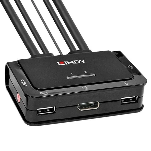 Lindy 2 Port DisplayPort 1.2, USB 2.0 & Audio Cable KVM Switch, KVM-Switch (schwarz)