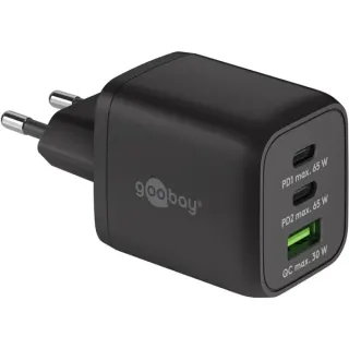 goobay USB-C Schnellladegerät Nano, PD, GaN, 65 Watt, USB-C Textilkabel (schwarz, 1x USB-A, 2x USB-C PD, Quick Charge 3.0, 1 Meter Kabel)
