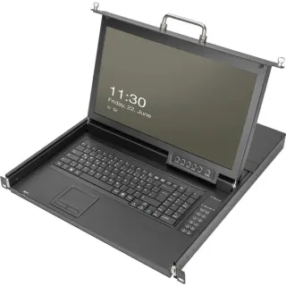 Digitus Modulare HD LCD KVM Konsole mit 17" TFT 8 Port Cat 5, KVM-Switch (schwarz, US-Tastaturlayout, 8 Port Cat 5 KVM-Switch, Touchpad)