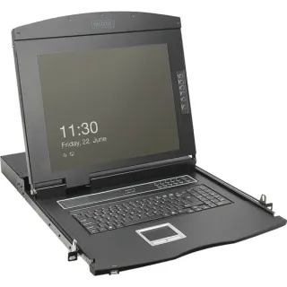 Digitus Modulare HD LCD KVM Konsole mit 19" TFT 16 Port Cat 5, KVM-Switch (schwarz, deutsches Tastaturlayout, 16 Port Cat 5 KVM-Switch, Touchpad)