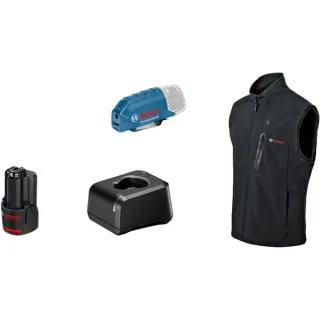 Bosch Professional Heat+Jacket GHV 12+18V Kit Größe 2XL, Arbeitskleidung (schwarz, inkl. Ladegerät GAL 12V-20 Professional, 1x Akku GBA 12V 2.0Ah)