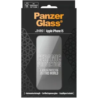 PanzerGlass Ceramic Displayschutz Ultra-Wide Fit, Schutzfolie (transparent, iPhone 15, EasyAligner)