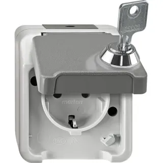 Merten Schutzkontakt-Steckdose Schuko mit Klappdeckel, Aufputz, 16 Ampere, 250 Volt, IP44 (hellgrau, Retail)